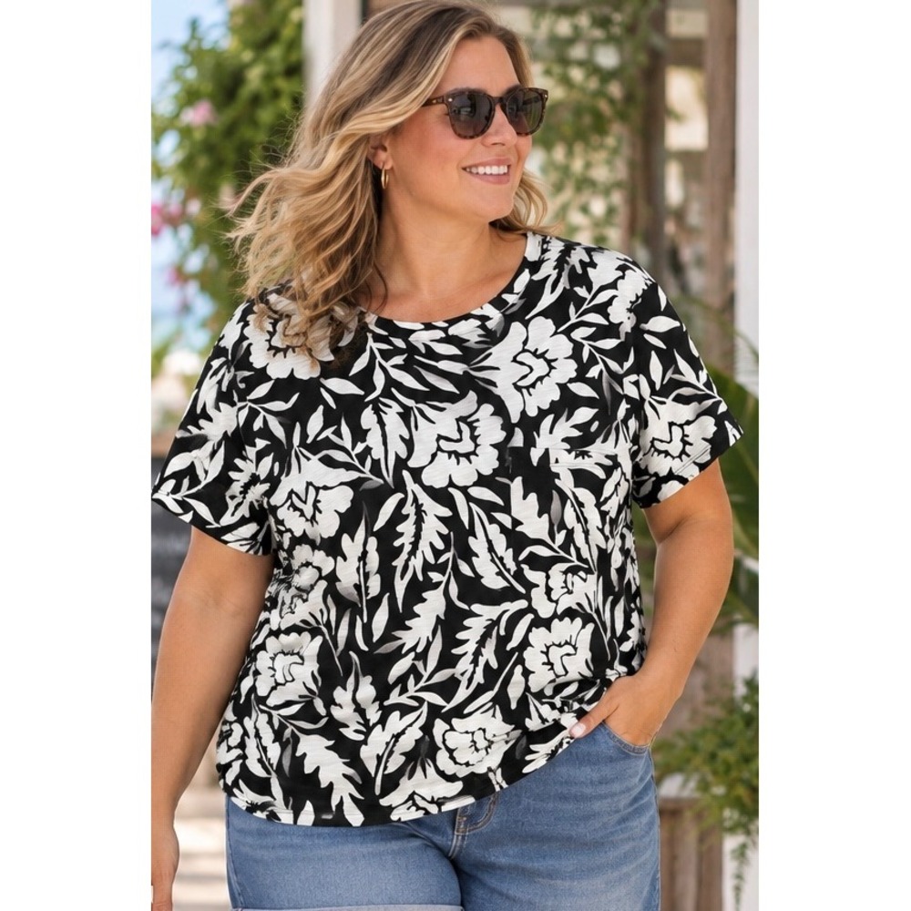 Sanctuary Black White Floral Pocket Tee Plus 2X Short Sleeve Cotton Slub Casual
